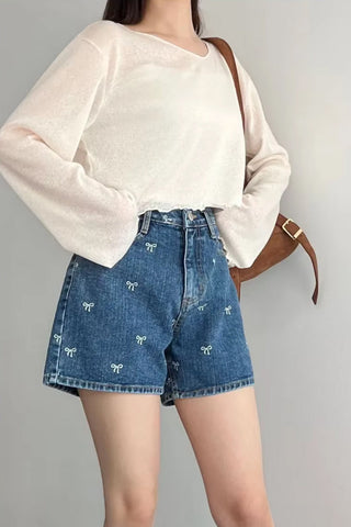 Casual Bowknot Embroidered Denim Shorts