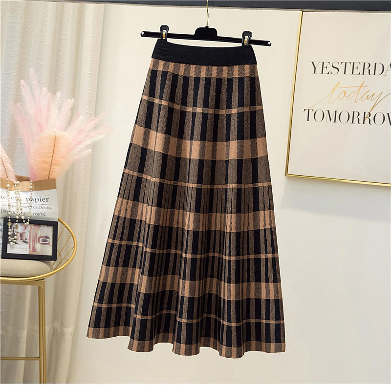 Vintage Knitted Plaid A-Line Mid Length Skirt