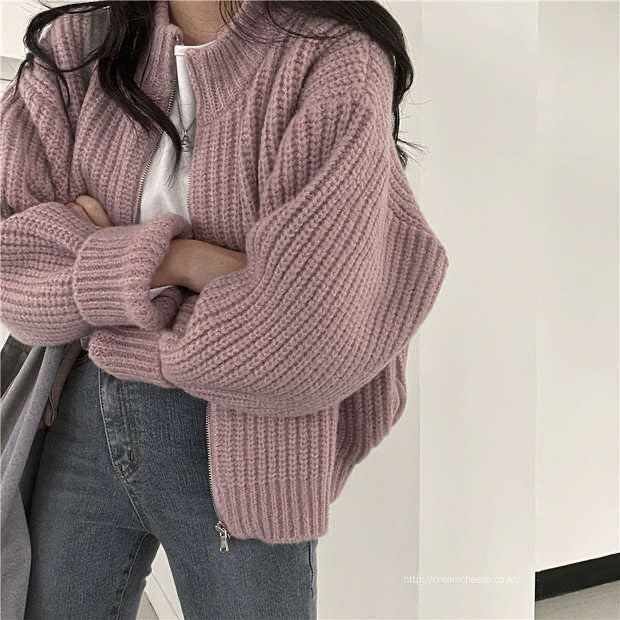 Zipper Solid Knitted Loose Sweater