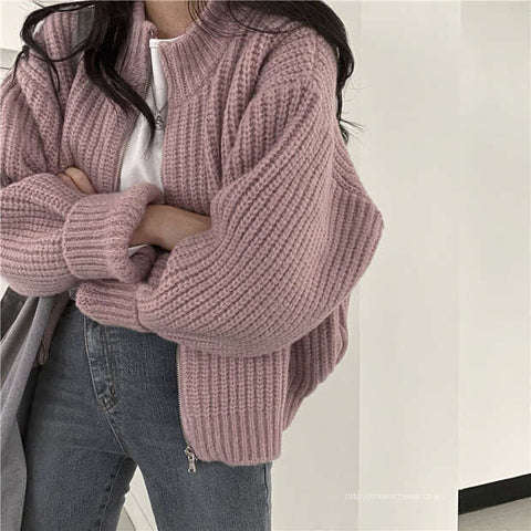 Zipper Solid Knitted Loose Sweater