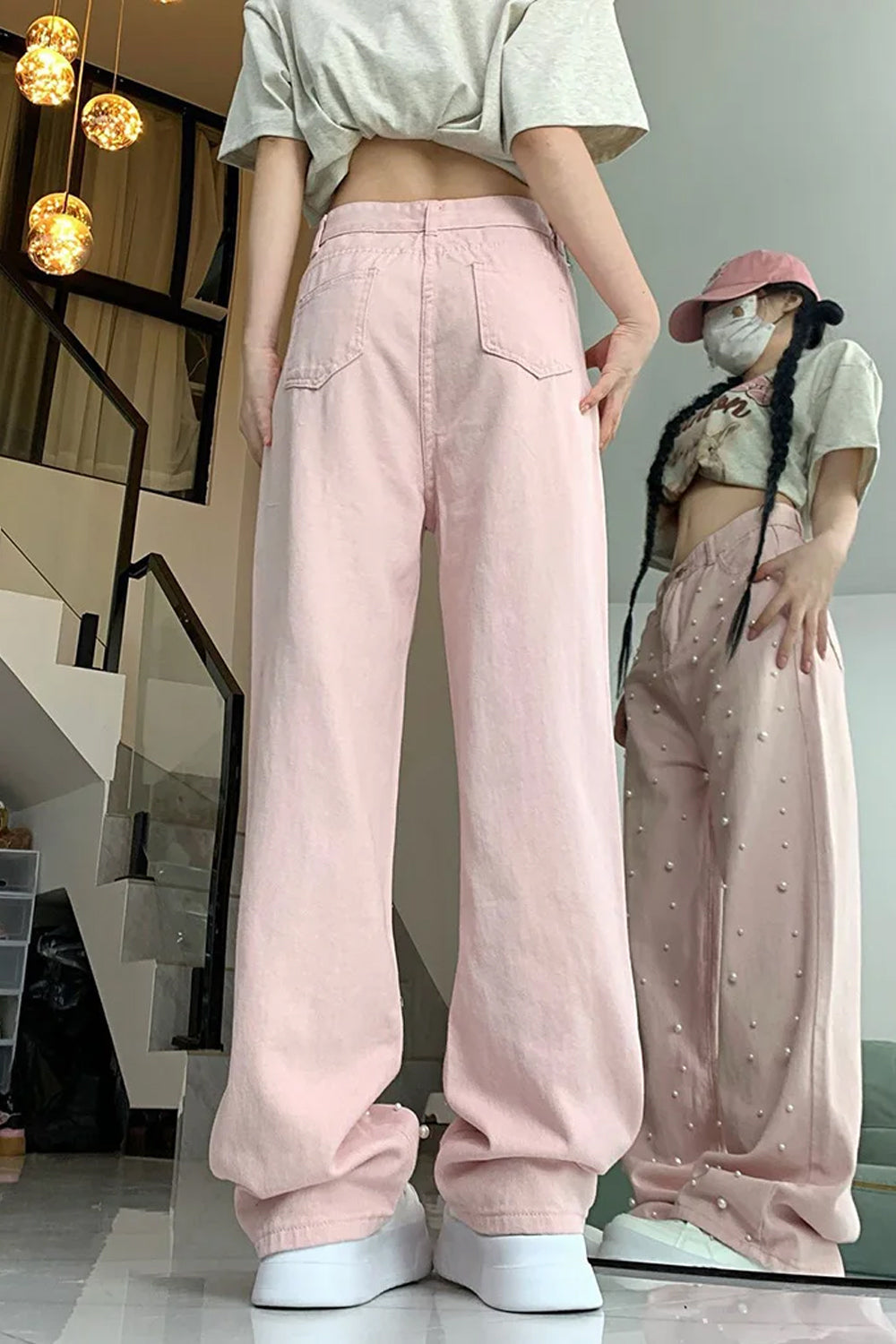 High Waist Cute Pearls Beaded Pink Jeans Pants