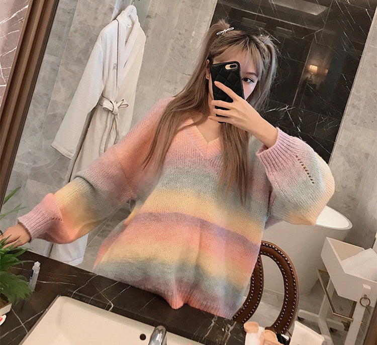 Loose Casual V-Neck Rainbow Knitted Sweater