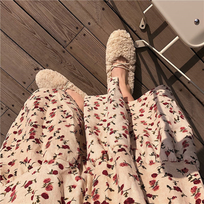 High Waist Flowers Printed Corduroy Skirt