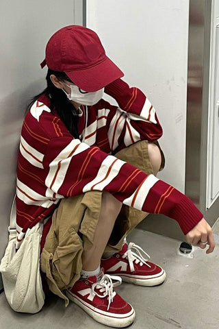 Long Sleeve Red Striped Casual Sweater
