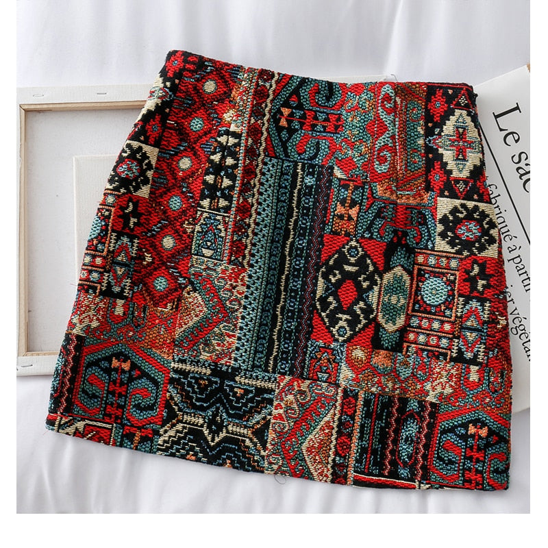 Boho Pattern Embroidered Woolen Mini Skirt