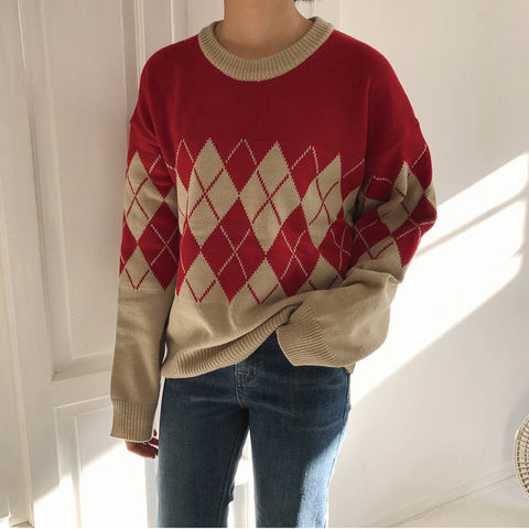 Vintage Rautenmuster Strickpullover