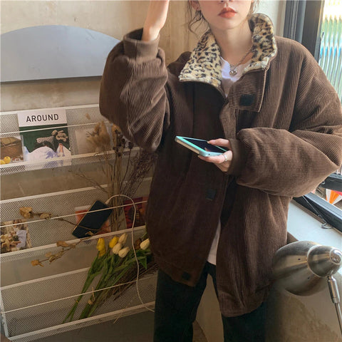 Leopard Collar Loose Warm Corduroy Jacket