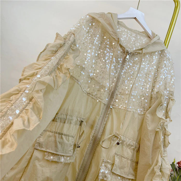 Long Sleeve Mid Length Sequined Transparent Hoodie
