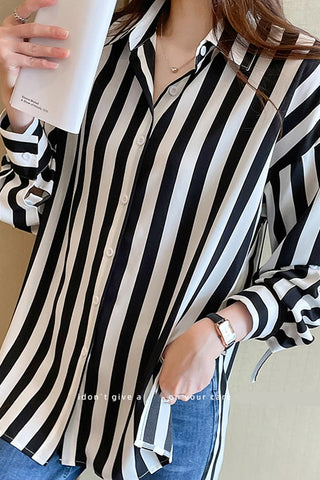 Long Sleeve Black White Striped Blouse Shirt