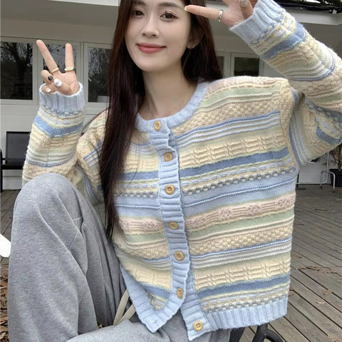 Long Sleeve Striped Mixed Colors Cardigan Sweater