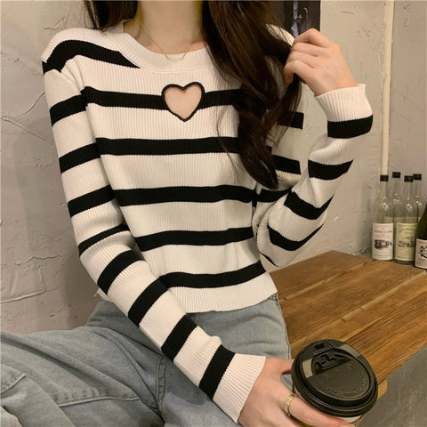 Cute Love Hole Shaped Striped Sweater