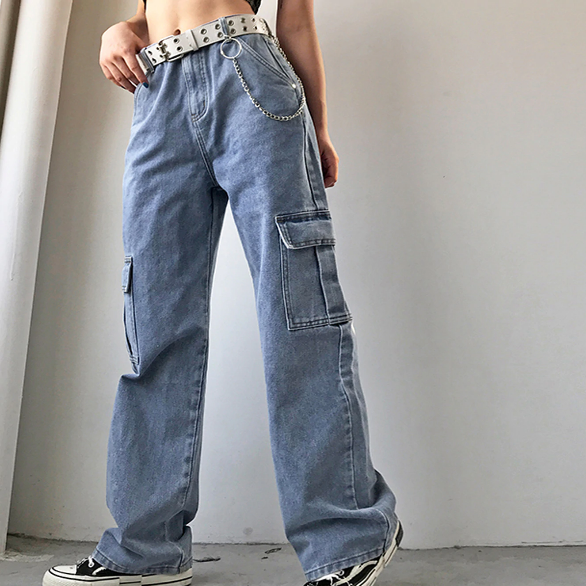 Side Cargo Pocket Loose Straight Denim Pants