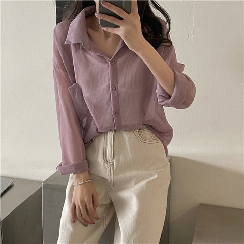 Long Sleeve See Through Thin Blouse Shirt