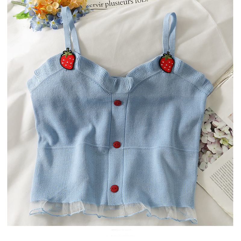 Strawberry Embroidered Camisole Crop Tops