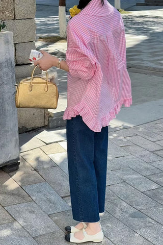 Vintage Plaid Pattern Ruffled Blouse Shirt