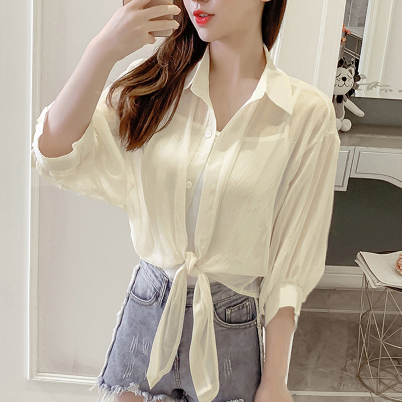 Chiffon Transparent Belt Tie Blouse Shirt