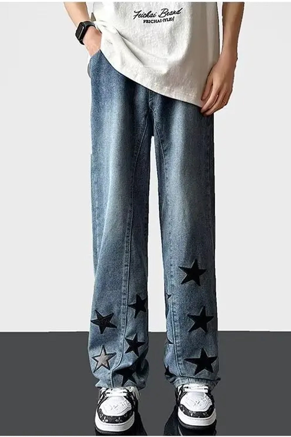 Loose Black Stars Printed Hip Hop Jeans Pants