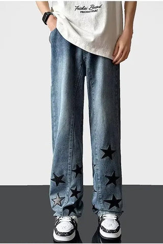 Loose Black Stars Printed Hip Hop Jeans Pants