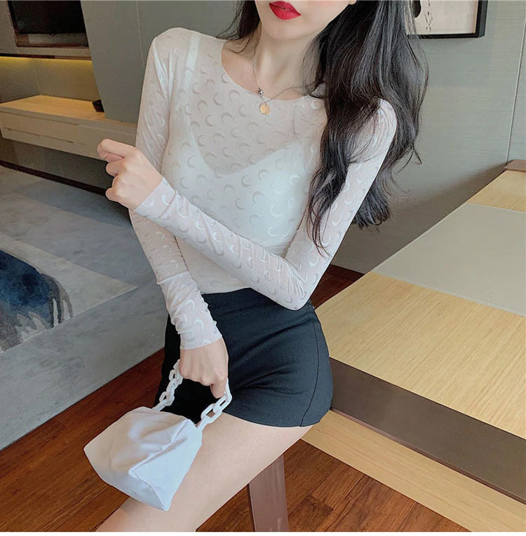 Long Sleeve Moon Pattern Sexy Transparent Shirt