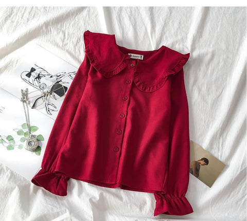 Long Sleeve Peter Pan Collar Cute Blouse Shirts