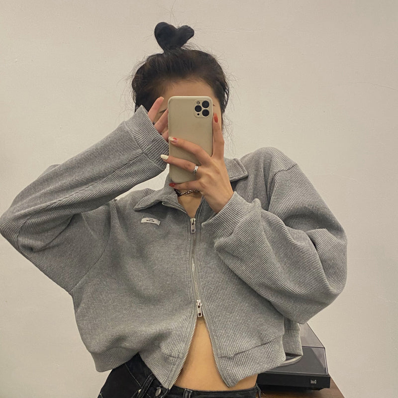 Casual Shirt Collar Cropped Zipper Sweater