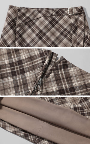 Plaid Contour Midi Skirt with Side Buckle Detail