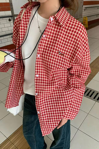 Long Sleeve Retro Red Plaid Blouse Shirt