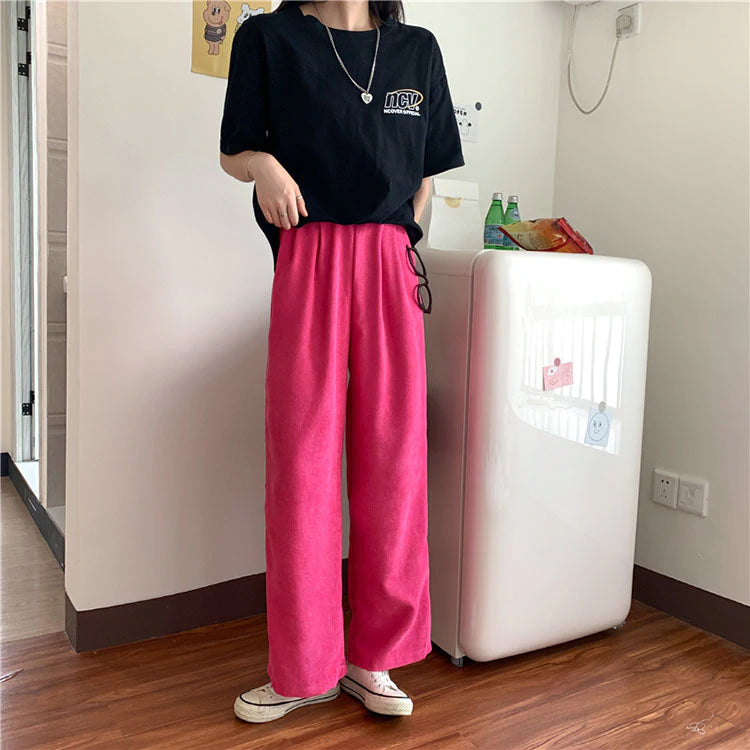 High Waist Pink Wide Leg Corduroy Long Pants