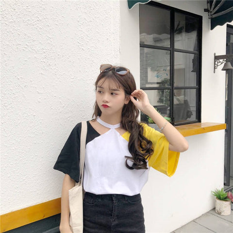 Hanging Neck Patchwork Colors Loose Shirt