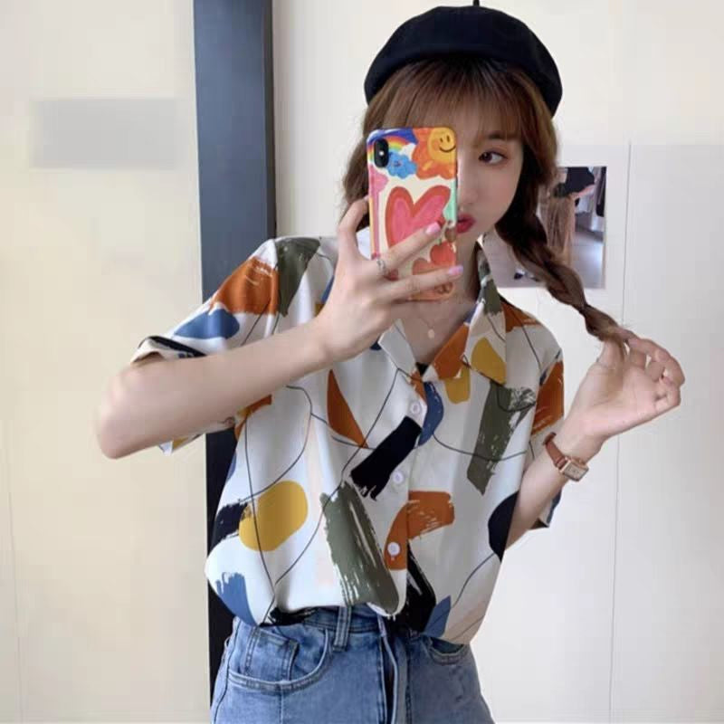 Geometrisches Retro-Kurzarm-Bluse-Shirt mit Einsätzen 