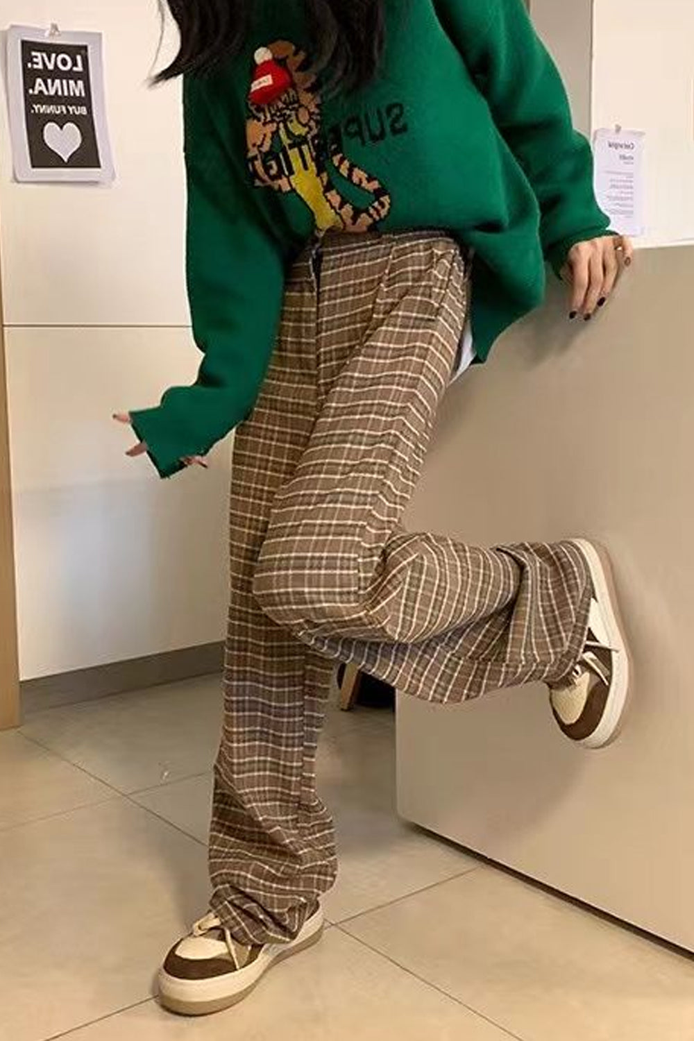 High Waist Retro Brown Plaid Long Pants