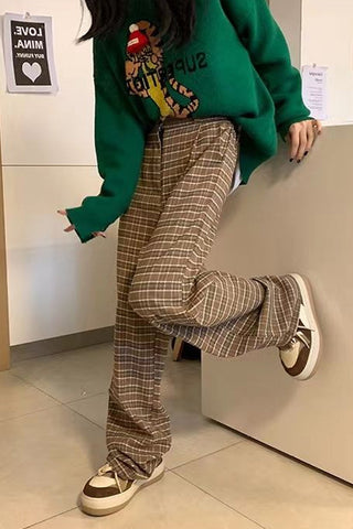 High Waist Retro Brown Plaid Long Pants