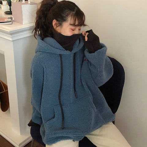 Letter Pocket Fleece Turtleneck Hooded Sweater