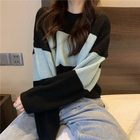 Loose Casual Patchwork Cropped Sweater