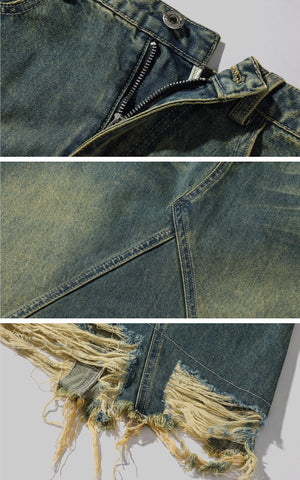 Distressed Denim Skirt with Deconstructed Hem and Vintage Washed Edge