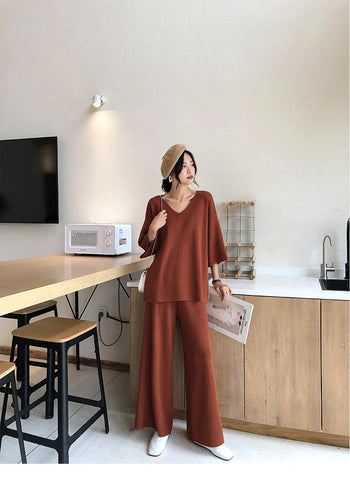 Two Piece Set Knitted Pullover V-Neck and Wide Leg Pants