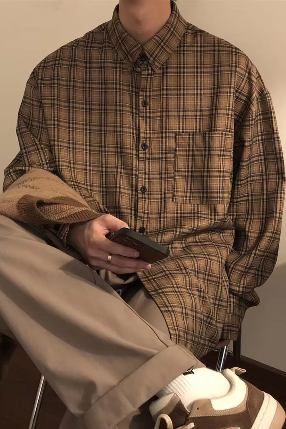 Long Sleeve Retro Coffee Color Plaid Men Shirt