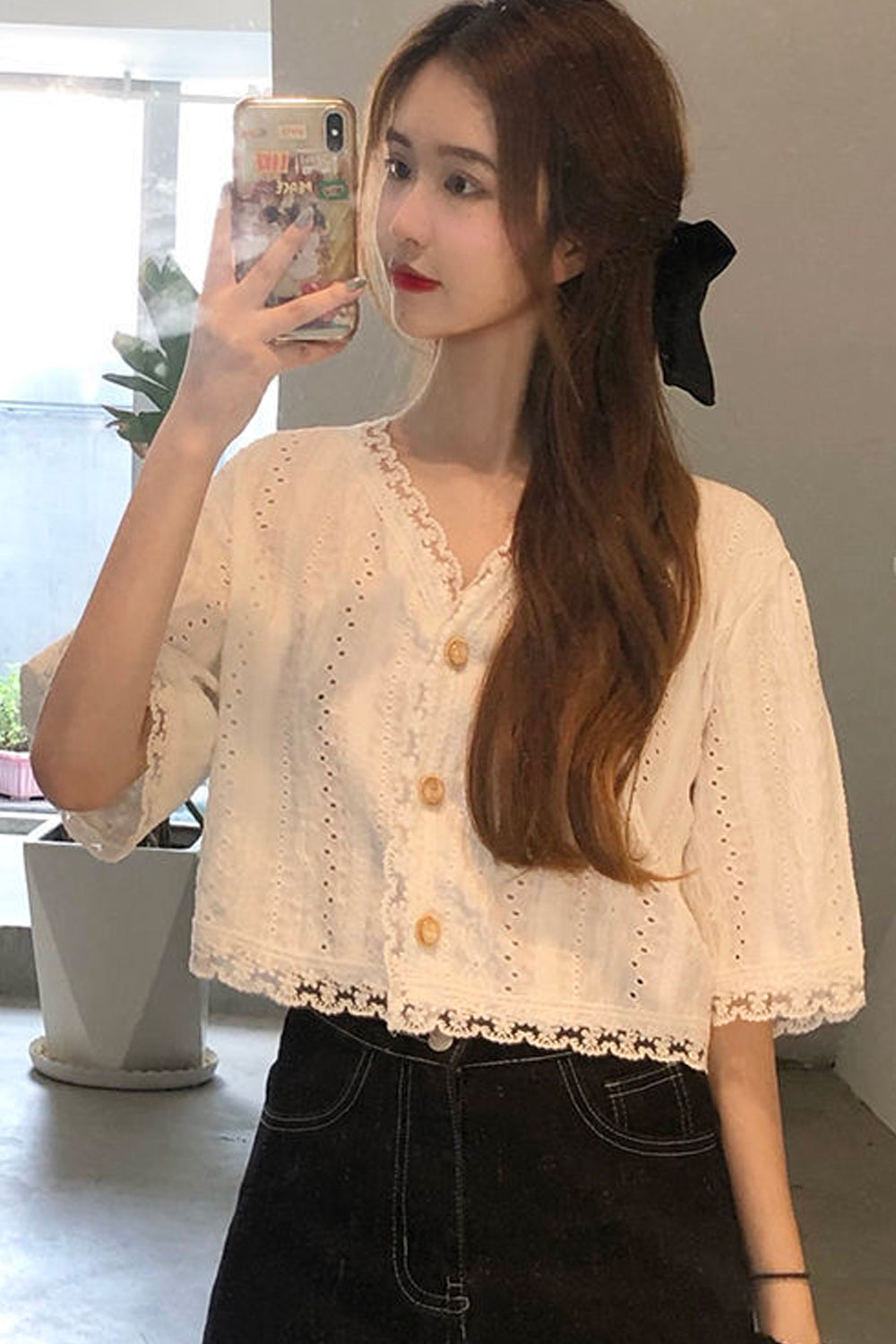 Kurzarm V-Ausschnitt Spitze Hohl Slim Shirt 