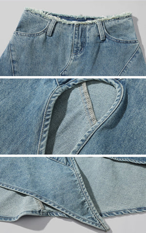 Asymmetric Pocket Flare Denim Skirt with Deconstructed Belt Detail