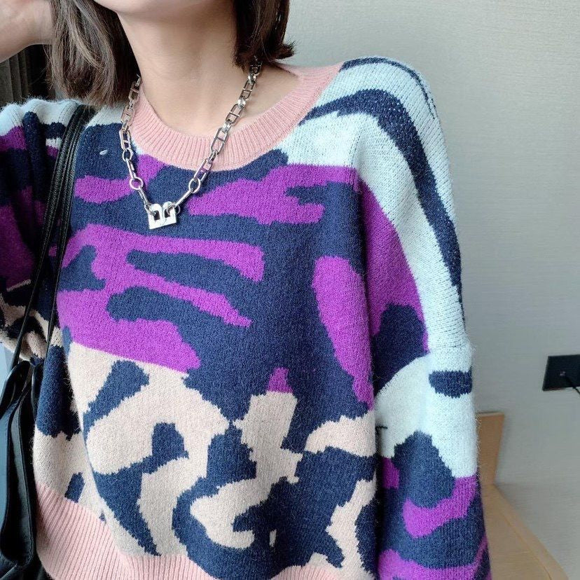 Sexy Pullover mit Leoparden-Patchwork und Rundhalsausschnitt