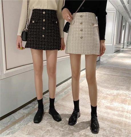 High Waist Woolen Plaid Vintage Button Skirts