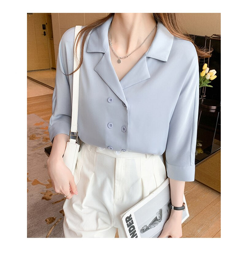 Half Sleeve Notched Collar Office Blouse Shirt