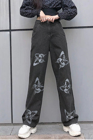 Lockere Jeanshose mit hoher Taille und Schmetterlingsmuster 