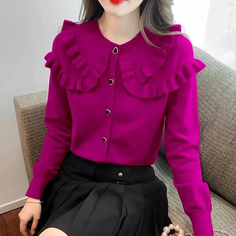 Solid Ruffles Peter Pan Collar Slim Sweater