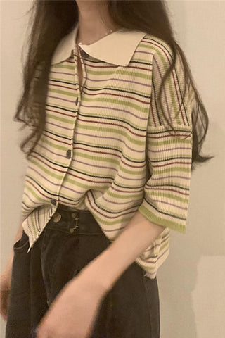 Short Sleeve Striped Colors Collar Shirt