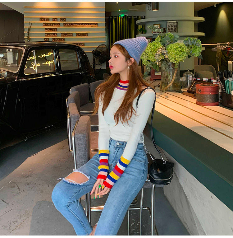 Rainbow Patchwork Turtleneck Knitted Slim Sweater