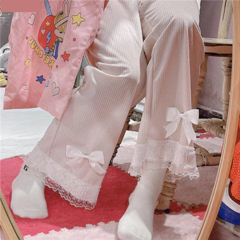 High Waist Sweet Lace Bow Vintage Corduroy Pants