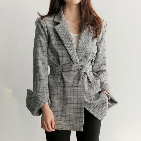 Grey Plaid Bow Sashes Split Blazer Coat