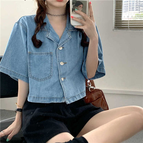 Short Sleeve Notched Collar Denim Shirt