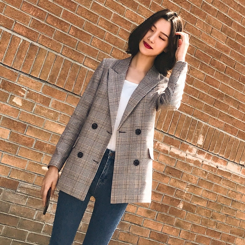 Vintage Plaid Pockets Blazer